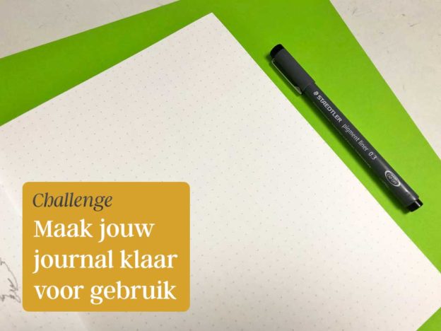 Open liggend dotted notitieboek met Staedtler fineliner en tekst 'challenge maak jouw journal klaar voor gebruik'